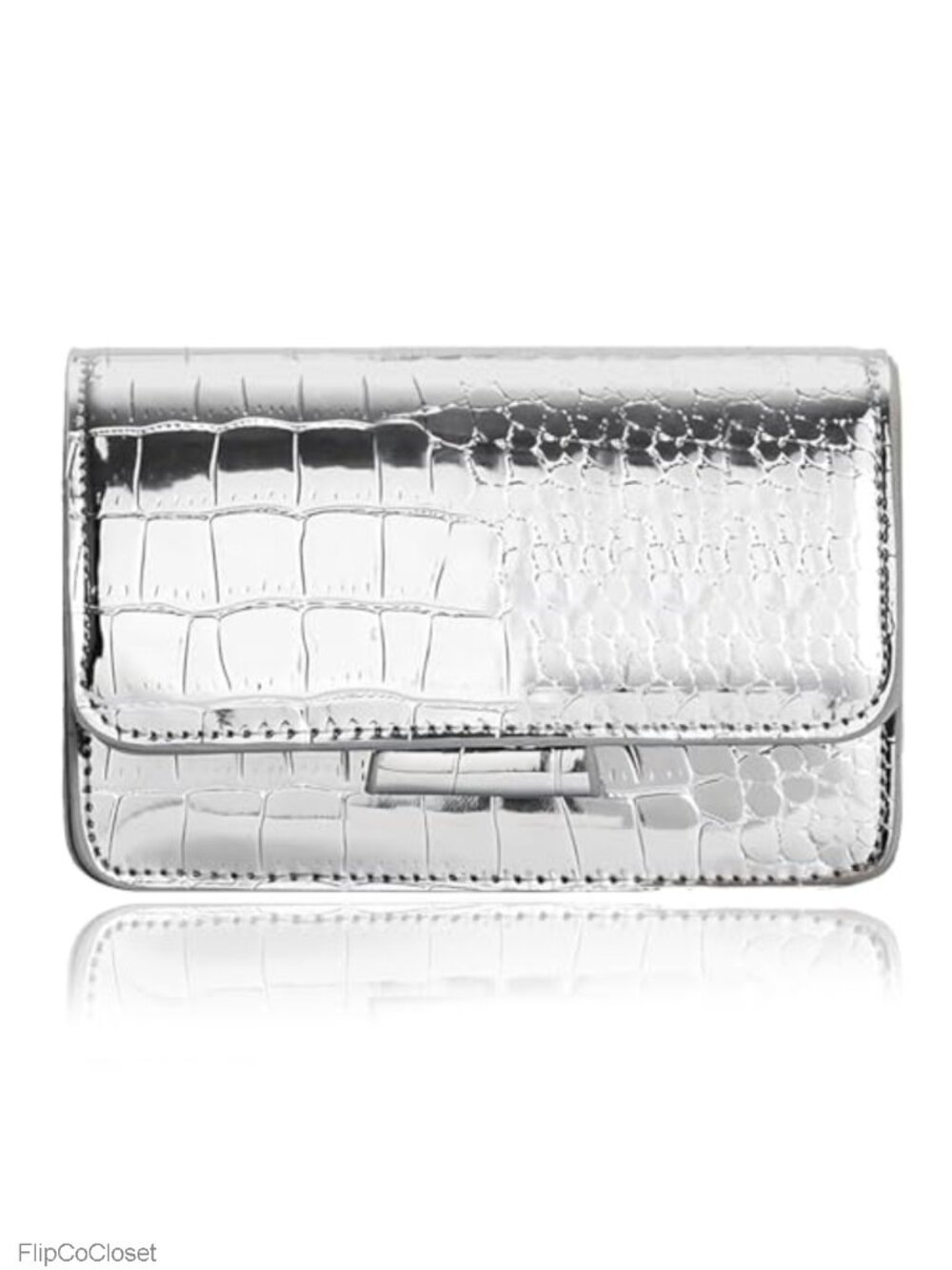 Faux Leather Croc Embossed Crossbody Bag with Chain Strap - Metallic Money